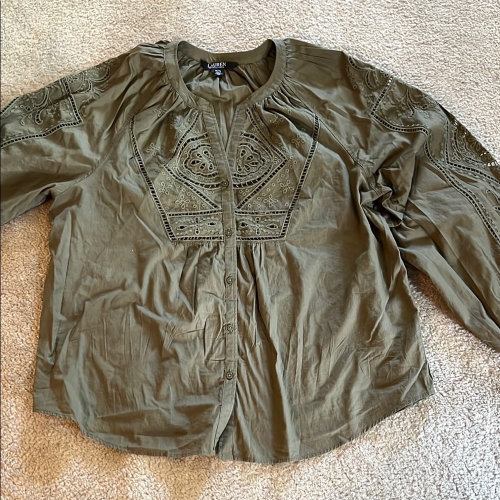 Lauren Ralph Lauren Khaki Embroidered Blouse. Size XL. Worn once.